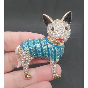 Dog in Dog Sweater Brooch Rhinestones & Enamel on Gold Tone Metal